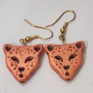 Dyed Howlite Leopard Face Earrings Stone Animal Gold Tone Hooks